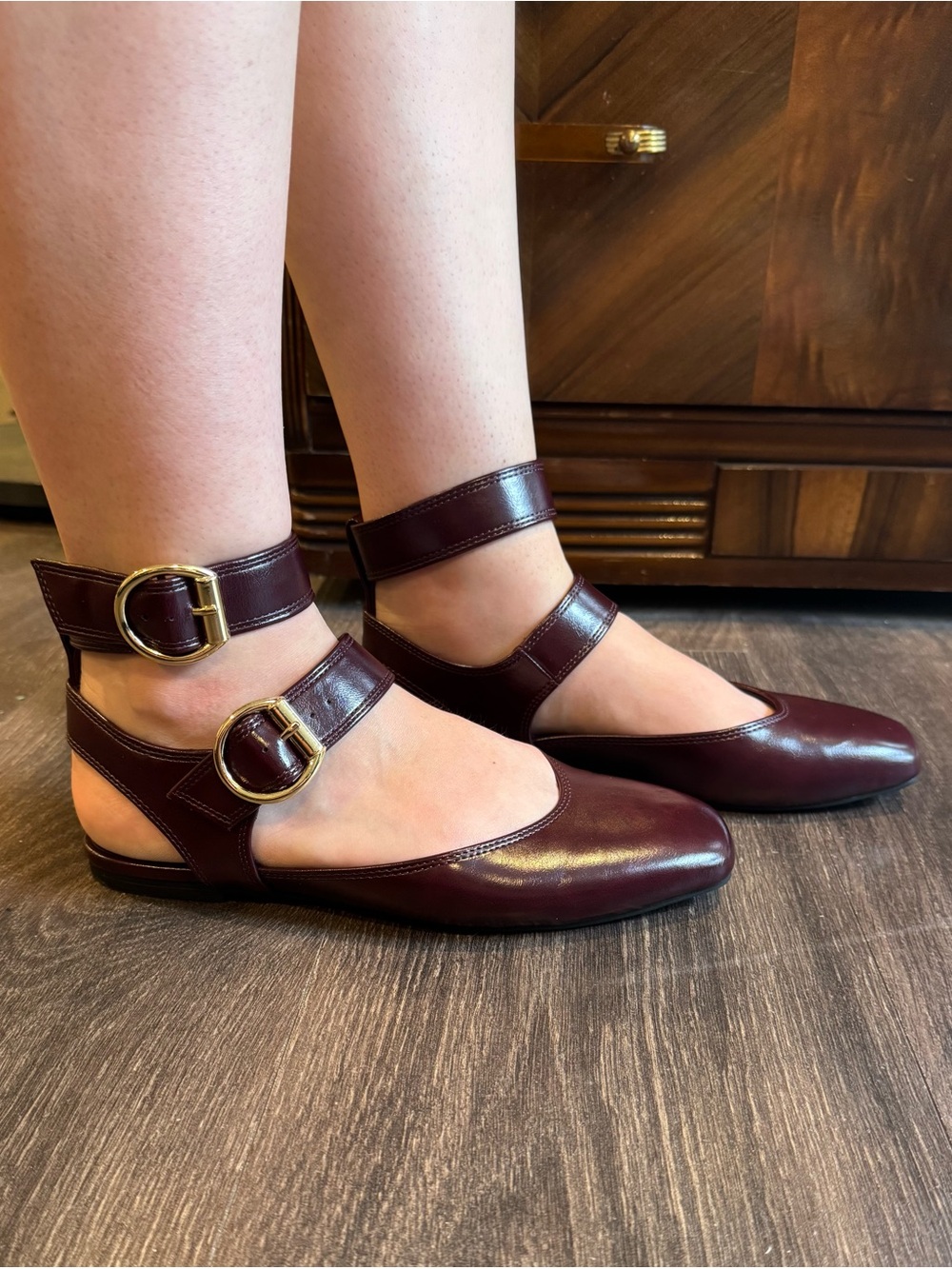 Women's Double-Strap Ankle Buckle Flats in Burgundy